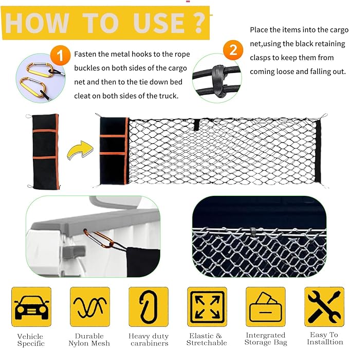 Envelope Style Truck Bed Cargo Net Compatible with 2013-2024 Chevy Silverado 1500 & GMC Sierra 1500,Highly Elastic Truck Cargo Net for Silverado and Sierra 1500 Accessories (Upgraded Storage Bag)