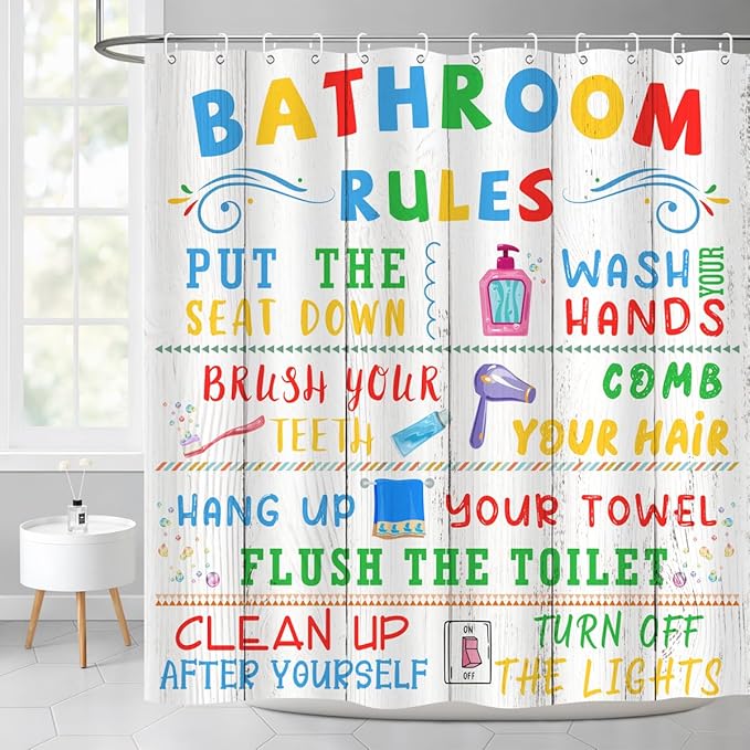 Kids Bathroom Rules Shower Curtain Cute Colorful Quotes Wood Planks Words Funny Teen Boy Girl Restroom Bathtub Decor Waterproof Cloth Fabric 72Lx72W inch with 12PCS Hooks