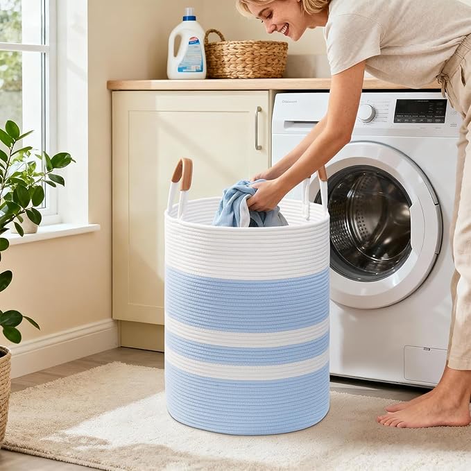 Degeyoyo 60L Striped Laundry Basket, Blue Laundry Hamper with Leather Handles, Woven Cotton Rope Storage Bin for Blankets, Nursery Hamper for Clothes, Toys In Bathroom, Livingroom, Bedroom