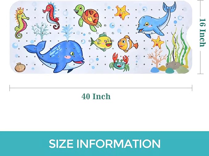 Tubozadi Baby Bath Mat for Tub Kids Non Slip Bathtub Mats Baby Extra Long 40X16 Inch Bathroom Toddler Anti Slip Shower Mat with Suction Cups & Drain Holes,Machine Washable,Whale