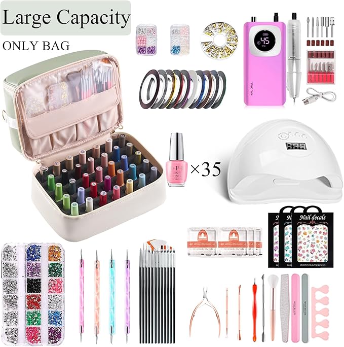 Nail Polish Organizer Holds 35 Bottles & Nail Lamp, Nail Organizers and Storage, Double Layer Nail Bag with Handle & Shoulder Strap for Travel, Nail Supplies Organizer for Manicure Kit (Green+Beige)