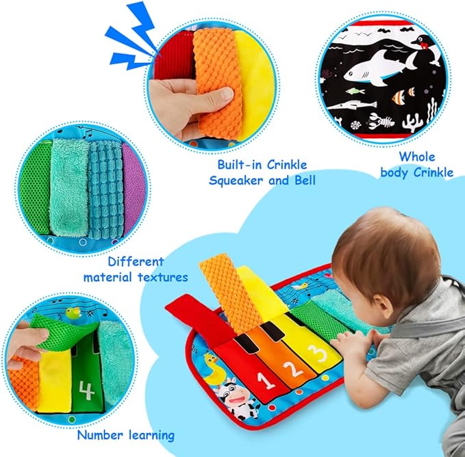 Inbeby Tummy Time/Baby Mirror Toys, Black and White High Contrast Tabletop Mount Baby Newborn Toys 0 3 6 Months Brain Development, Sensory Texture Piano Infant Toys 0 3 6 Months with Squeaker