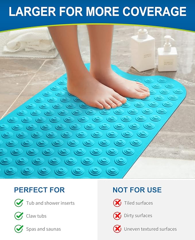 Bligli Bathtub Mat Non-Slip Without Suction Cups, 39x16inch Extra Long Bath Mats for Shower Bathroom, Machine Washable Natural Rubber Shower Tub Mat (39x16inch, Blue)