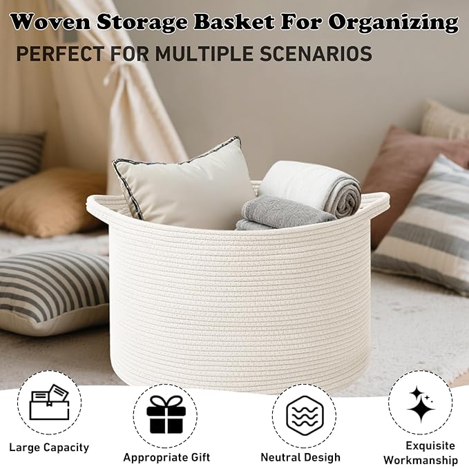 Large Storage Basket with Handle,19.7" L x 19.7" W x 13" H Blanket Basket Storage Bins for Organizing,65L Cotton Rope Woven Baskets for Living Room, Nursery,Bedroom,White