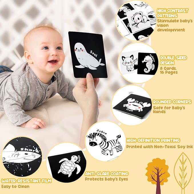 URMYWO Tummy Time Mirror Toys, Visual Stimulation Learning Cards, High Contrast Black and White Baby Toys for Newborn, Soft Baby Book for infant 0-12 Months, Baby Boy Girl Shower Gift Stocking Stuffer