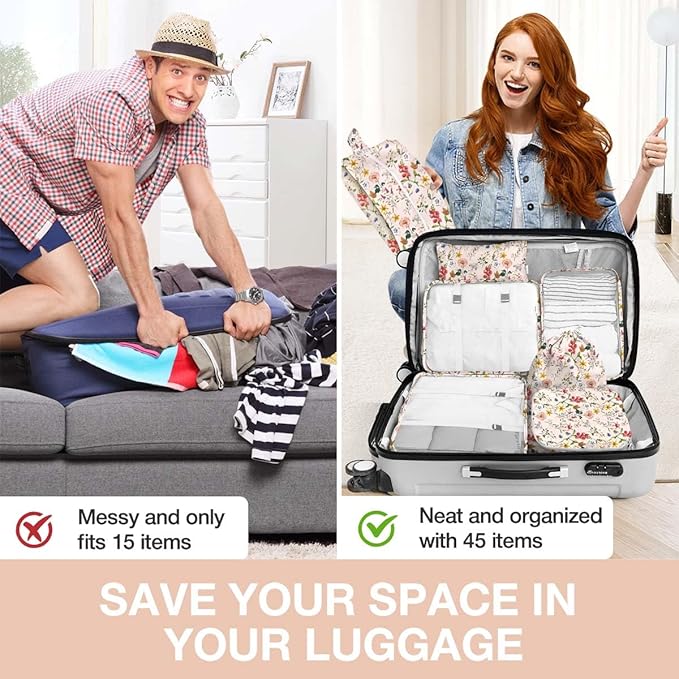 8 Set Packing Cubes for Suitcases, Packing Cube with Shoe, Cosmetics, Clothing, and Accessories Bags for Travel Luggage Organizer Women Men(Retro Flowers)