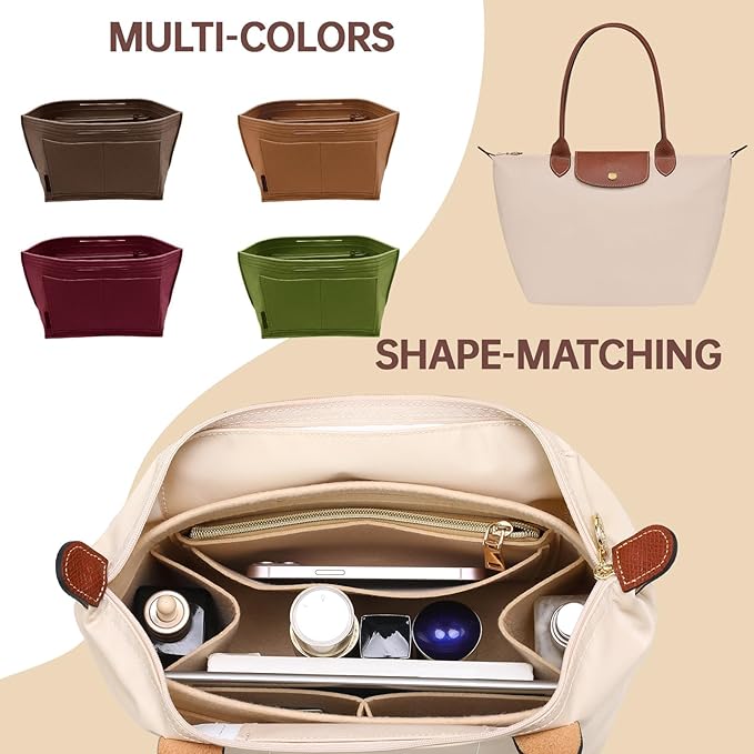 OPPOSHE Purse Organizer Insert for Longchamp Le Pliage, Premium Felt Long Champ Bag Handbag Women, Tote Organizer Insert with 9 Compartments (Medium, Earth Brown)
