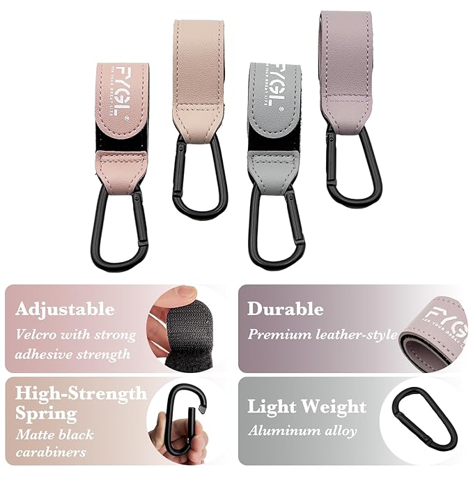 Stroller Hooks - Leather Buggy Clips, Pushchair Carabiner Clip for Bags, Easy Attachment for Pram, Universal Stroller Clips and Hooks, Stroller Accessories - Morandi Light (4 Pack)