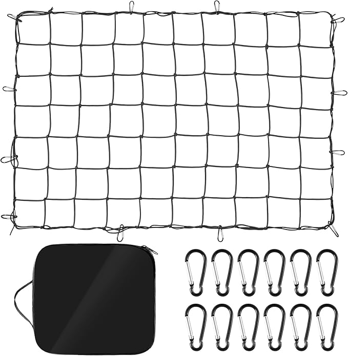 iSiMEE Cargo Net for Pickup Truck Bed, 2.6'x3.3' Stretches to 4'x6', High Elasticity 12 Carabiners & Storage Bag for SUV, Trailer & Boat
