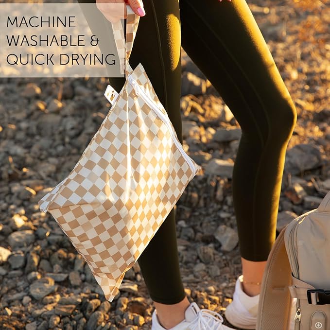 Bumkins Roamio Waterproof Wet Bag - For Baby, Travel, Swim Suit, Cloth Diapers, Pump Parts, Pool, Gym, Toiletry, Strap to Stroller - Reusable & Easy to Clean - 2pk - Beige & Black Check