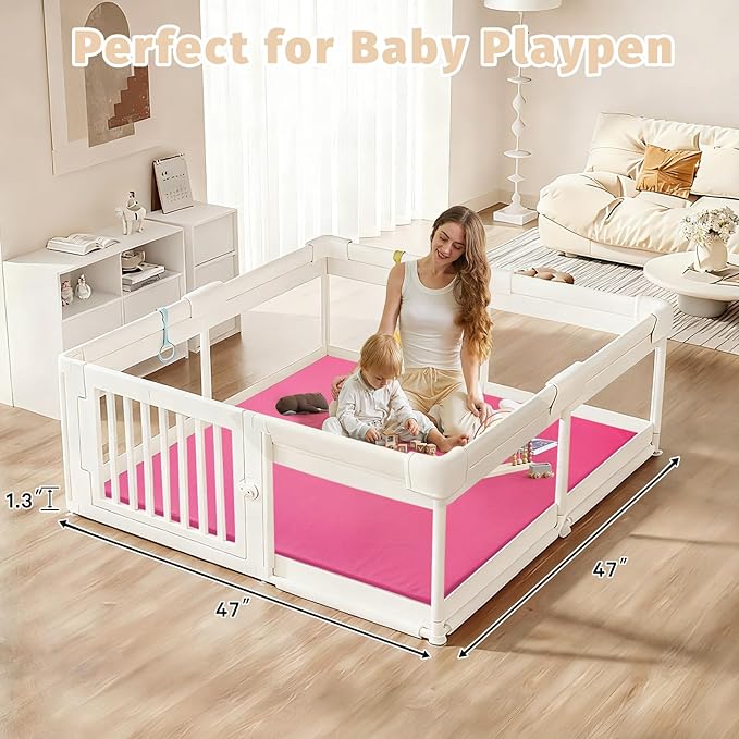 Waterproof Baby Play Mat for Floor 1.3"Thick Memory Foam 47 * 47 Cushion Playpen Playmat Tummy Time Nursery Rug Pad Mattress Create Soft & Safe Area for Infants,Toddler,Kids,Hot Pink