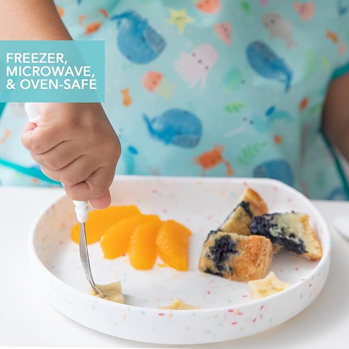 Bumkins Toddler and Baby Suction Plate, Silicone Grip Dish for Babies and Kids, Baby Led Weaning, Children Feeding Supplies, Non Skid Sticky Bottom, Platinum Silicone, 6 Months Up, Vanilla Sprinkles