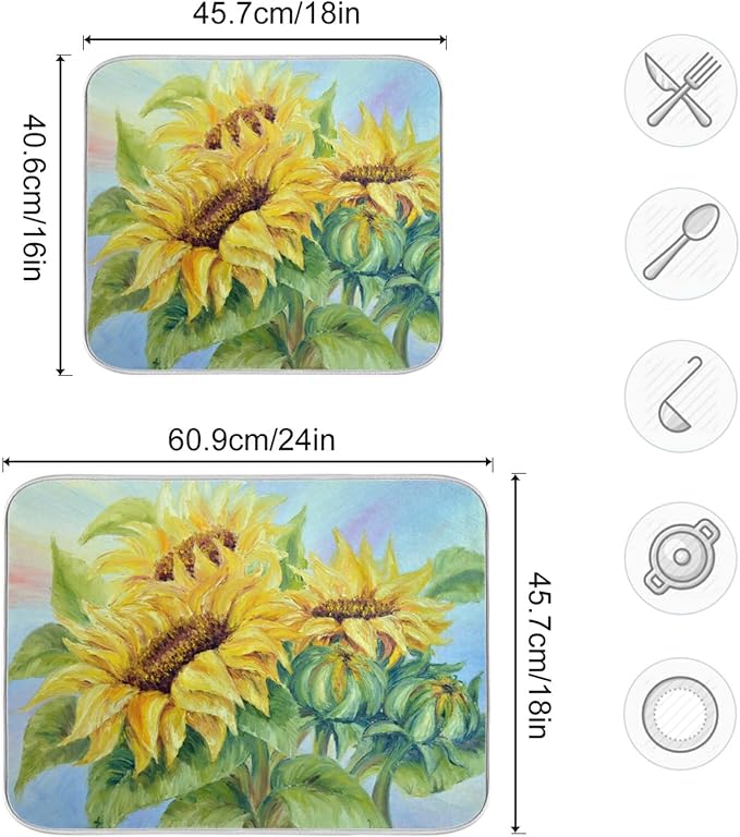 Absorbent Dish Drying Mat for Kitchen Counter - Oil Painting Sunflower Microfiber Drying Pad, Reversible Drainer Mats for Countertop, Large 18" x 24"