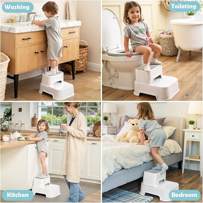 2-Step Stool for Kids - Toddler Anti-Slip Step Stool for Bathroom Sink/Toilet Potty Training/Kitchen Counter, 10" Height, 220 lbs Capacity, Durable & Stable (2Packs White)
