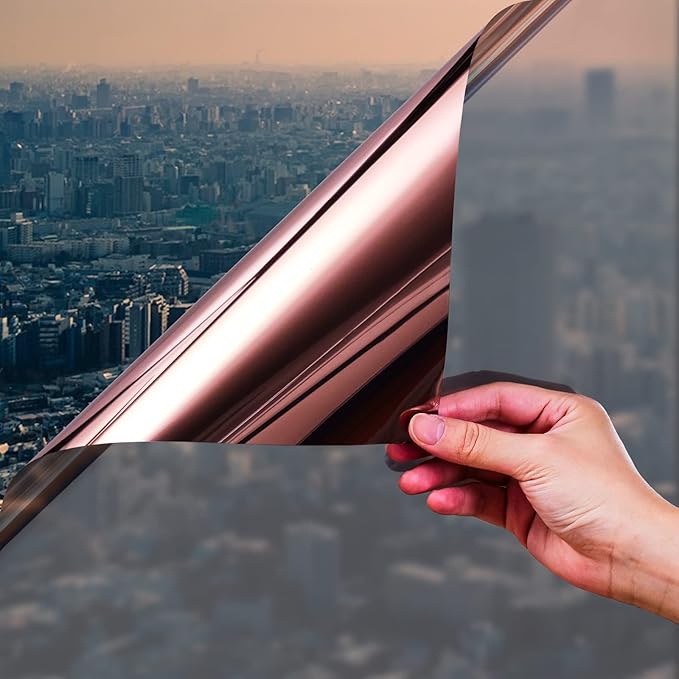 Niviy One Way Window Film Privacy Mirror Effect Self-Adhesive Window Tint UV Heat Control Glass Door Film for Home and Office, Tea-Silver 35.4 x 78.7 inches