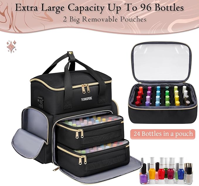 YOREPEK Extra Large Nail Polish Organizer Case Holds 48 to 100+ Bottles (15ml/0.5 fl.oz) UV lamp, Gel Polish Travel Case Bag with 2 Removable Pouches Fits Nail Suppiles, Gift for Manicurist, Girls