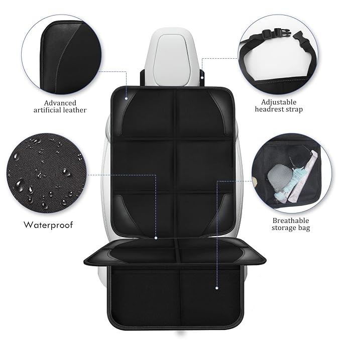 Car Seat Protector Covers - for Child Carseat mat 600d Fabric Waterproof Non Slip Thickest Padding with Storage Pockets Cushion Protectors Large Size Prevent Dirt Scratches (Black 1)