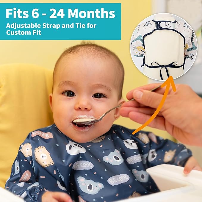 3 Pcs Long Sleeved Bib Set | Baby Waterproof Bibs with Pocket Bundle Toddler Bib with Sleeves and Crumb Catcher 6-24 Months