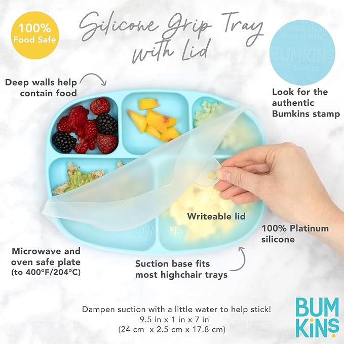 Bumkins Toddler and Baby Suction Plate, Silicone Divided Grip Dish and Lid, Large 5-Section Tray for Kids, Essentials in Children Feeding Supplies, Non Skid Stick Bottom, for Ages 6 Months Up, Gray