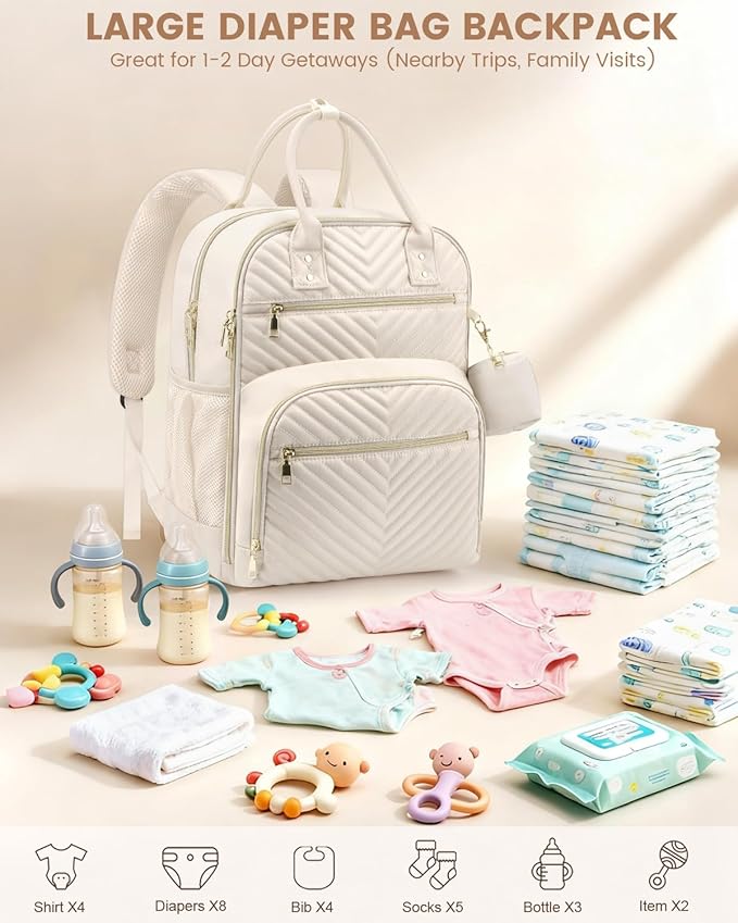 Pritent Diaper Bag Backpack,Baby Essentials Diapers Bag with Pacifier Case,Multipurpose Stylish Large Capacity Travel Backpack for Baby Girl/Boy(L-Beige)