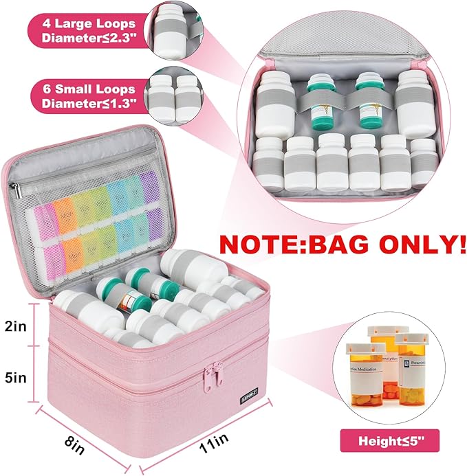 Medicine Storage Bag,Double Layers Pill Bottle Organizer Bag Empty with Lockable Zipper&Adjustable Divider,Medication Travel Carrying Bag for Pills,Vitamins,Medical Supplies,Pink