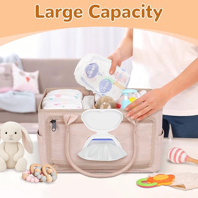 Volnamal Premium Diaper Caddy with Smart Side Wipes Pocket, Diaper Organizer, Portable Car Organizer & Nursery Basket for Newborn Essentials, Perfect Registry Must Haves for Boys & Girls, Beige
