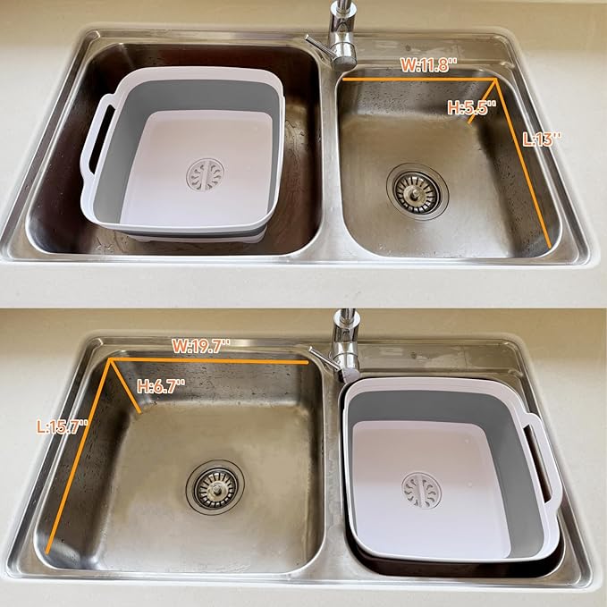GIMWA Collapsible Wash Basin with Drain Plug - 2.4 Gallon Foldable Kitchen Sink for Baby Bottles, RV Camping, Space-Saving Dish Tub (Gray-Gray)