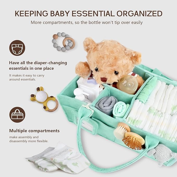 GEMII Diaper Caddy Organizer-Large Baby Caddy Organizer with Handle, Newborn Registry Essentials, Baby Shower Basket Gifts for Boys or Girls (Green, Large)