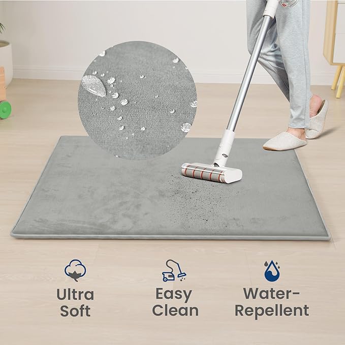 Baby Play Mat for Floor,1.3" Thick Elasti-Foam 50"×74" Playpen Mat for Tummy Time,Water Repellent Soft Coral Velvet for Toddler,Infant,Kids,Non-Slip Backing Safe for Crawling(Light Grey)