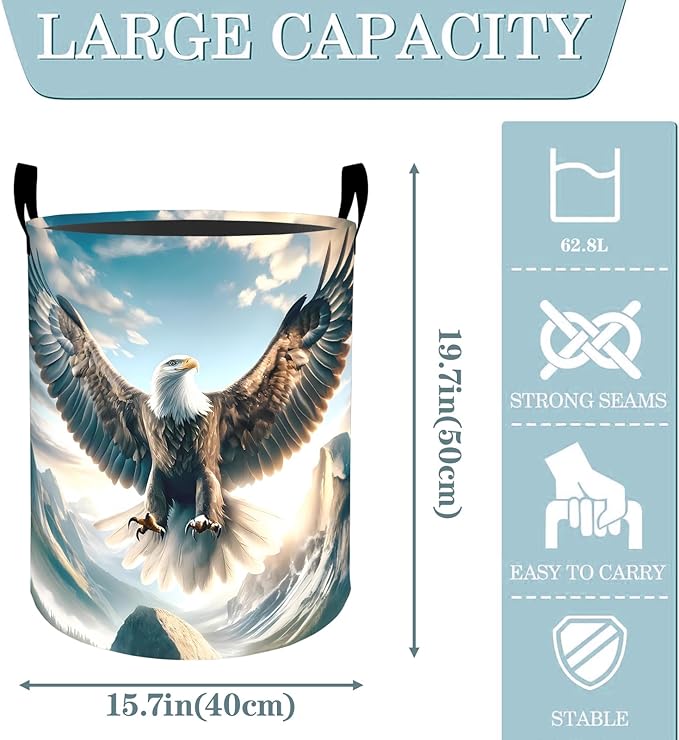 VODRM Bald Eagle Mountain Laundry Basket, Dirty Collapsible Clothes Toy Organizer Hamper for Kids Adults, Oxford Cloth Waterproof Storage Bin for Bedroom Bathroom Patriotic Decor Gifts, 19.7"X15.7"