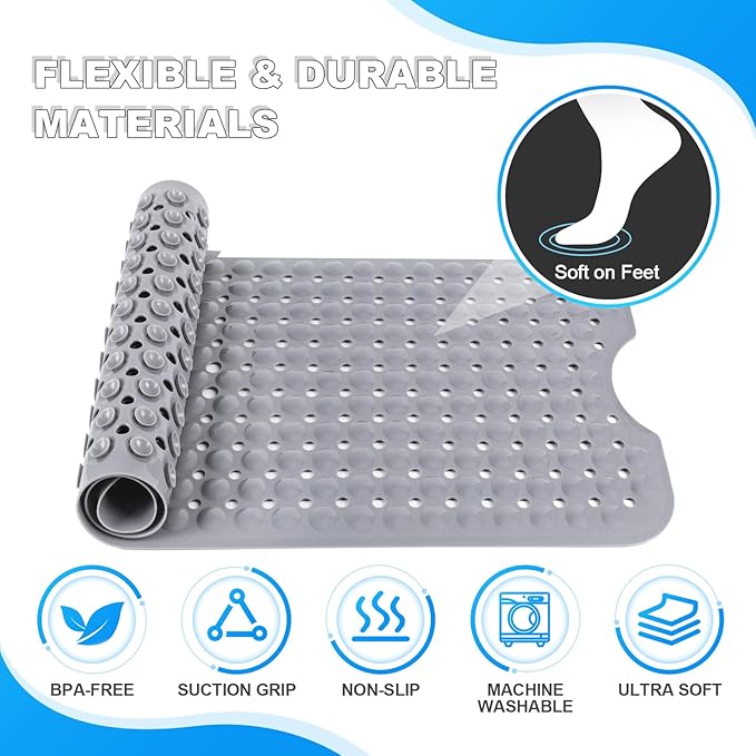 Bathtub and Shower Mats, 40x16 Inch Extra Large Non Slip Soft Bath Tub Mat with Suction Cups and Drain Holes for Bathroom Floor and Keep Tubs Clean, Machine Washable, Gray