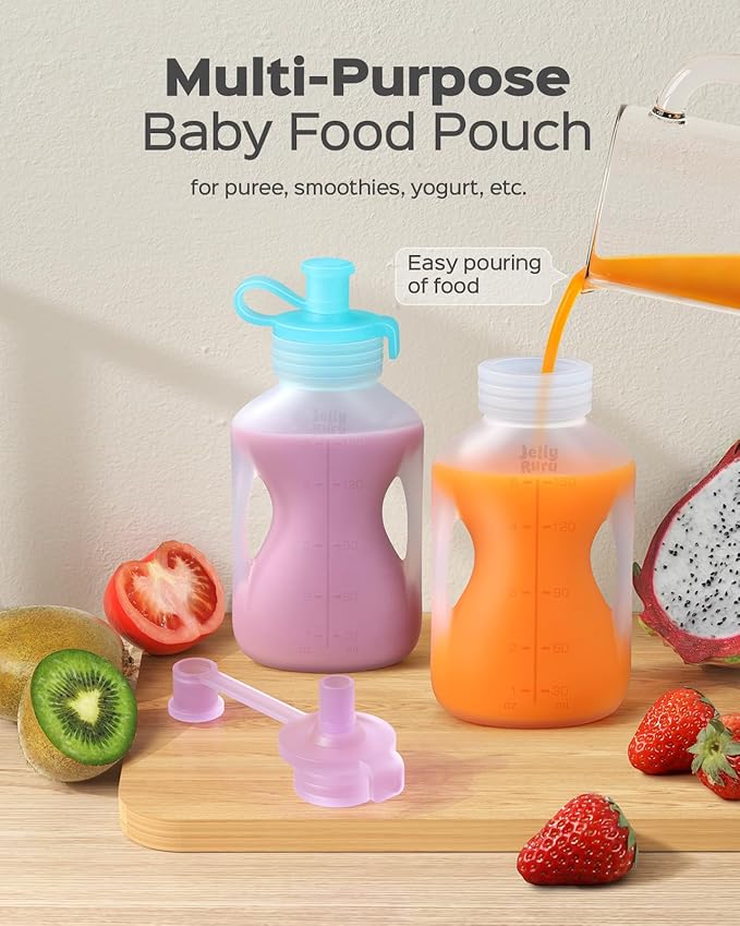 Silicone Reusable Baby Food Pouches with Straws, 8 Pack Leakproof Refillable Squeeze Pouches, Dishwasher, Freezer, Microwave Safe, 5OZ Baby Food Storage for Homemade Puree, Yogurt