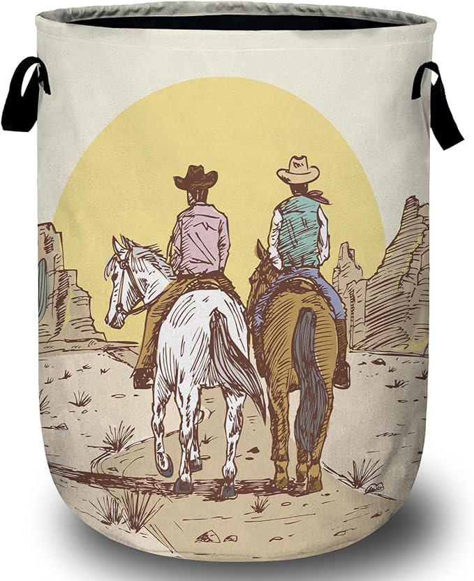 Cowboys Riding Horses Laundry Basket, Laundry Hamper Collapsible Oxford Cloth with Handle Clothes Toy Storage Bin for Bathroom Laundry Room Bedroom 15.7 X 20 Inch