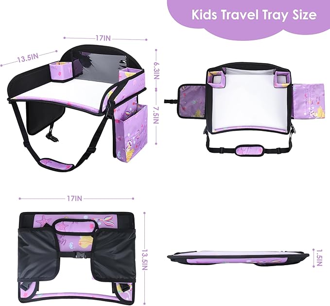 Kids Travel Tray for Car Airplane - Toddler Car Seat Table Tray, Road Trip Essentials for Boys & Girls, Carseat Lap Desk for Kids Road Trip Activities (Purple Mermaid)