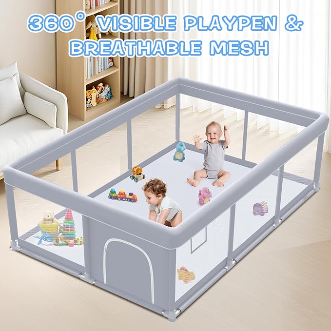 Baby Playpen 74 x 50 Inch Play Pen Playards, Playpen for Babies and Toddlers, Baby Playard for Indoor & Outdoor Active Center Game Fence, with Skin-Friendly Fabric and Soft Breathable Mesh Grey