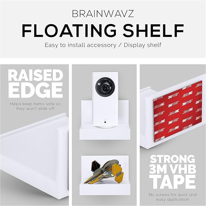 Screwless 4" Universal Shelf for Cloud Security Camera, Baby Monitor, Small Speakers, Electronics & More, No Tools, VHB Tape Strong Adheasive, Easy to Install by Brainwavz (White)
