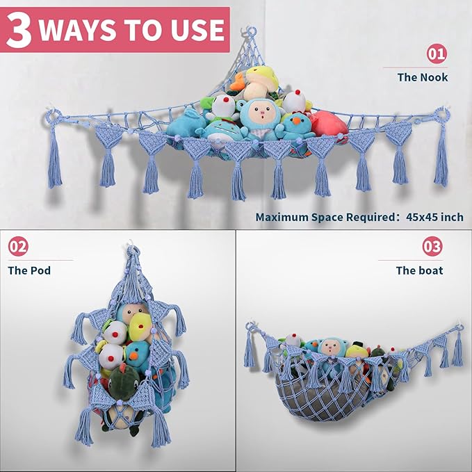 Stuffed Animal Hammock Corner - 56'' Jumbo 5mm Double Macrame Cord Handcrafted Stuffed Animal Net - 100% Natural Cotton Toy Hammock Holder - Cornflower Blue Stuffy Plushie Net w/LED Star Light