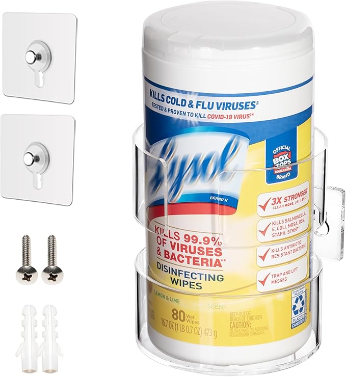Wall-Mounted Wipes Holder for Cleaning Wipes, Acrylic Wipe Container Holder Rack for Wall - Easy Installation, Idea for Kitchen, Bathroom, Office, School, Clear (4.33" L x 4.72" W x 5.51" H)