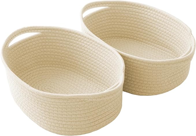 JMvicyroam Woven Basket,Small Rope Storage Bin with Handles & Ribbon Bag, Organizer for Shelves Closets,Gift Basket Empty for Birthday,Books,Dog Toys,Beige/2 Pack