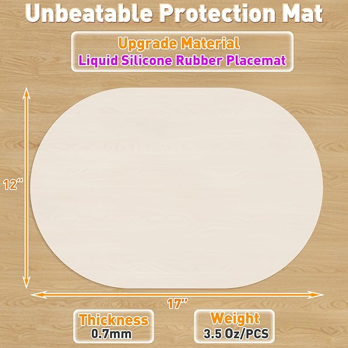 Oval Silicone Placemats Set of 4, Heat Resistant Non-Slip Waterproof Table Mats, Ultra-Thin Translucent Easy Clean Dining Mats for Home & Kids, 17"x12", White