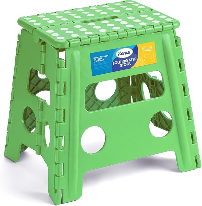 Korpai 13" Folding Step Stool for Adults and Kids Holds Up to 300 lbs,Non-Slip Folding Stools with Portable Handle, Compact Plastic Foldable Step Stool for Bathroom,Bedroom, Kitchen,Green,1PC