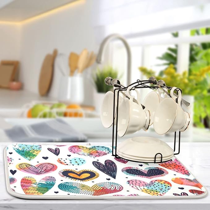 Absorbent Dish Drying Mat for Kitchen Counter - Cute Hearts Colorful Microfiber Drying Pad, Reversible Drainer Mats for Countertop, Large 18" x 24"