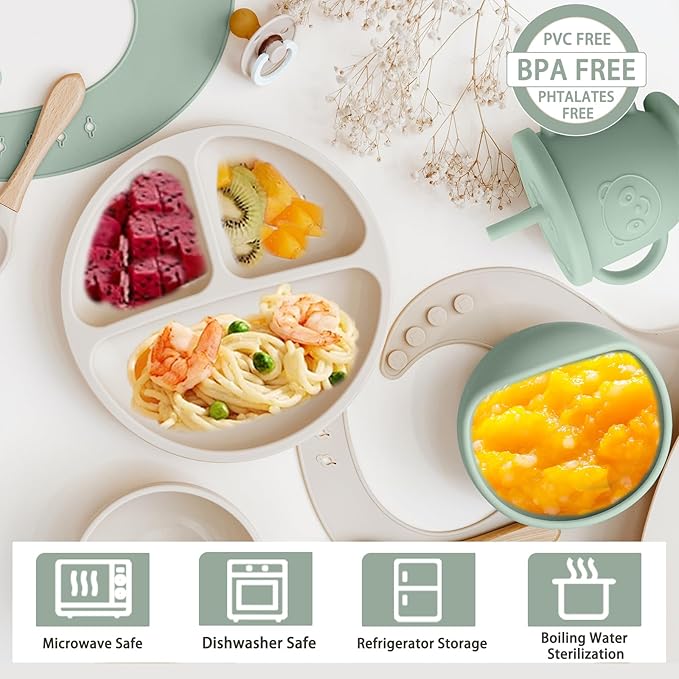 Munlinder Silicone Baby Feeding Set | Baby Led Weaning Supplies Includes Suction Bowls and Divided Plates, Adjustable Bib, Baby Utensils Spoons and Forks,Cup | Baby Feeding Essentials (Light Green)