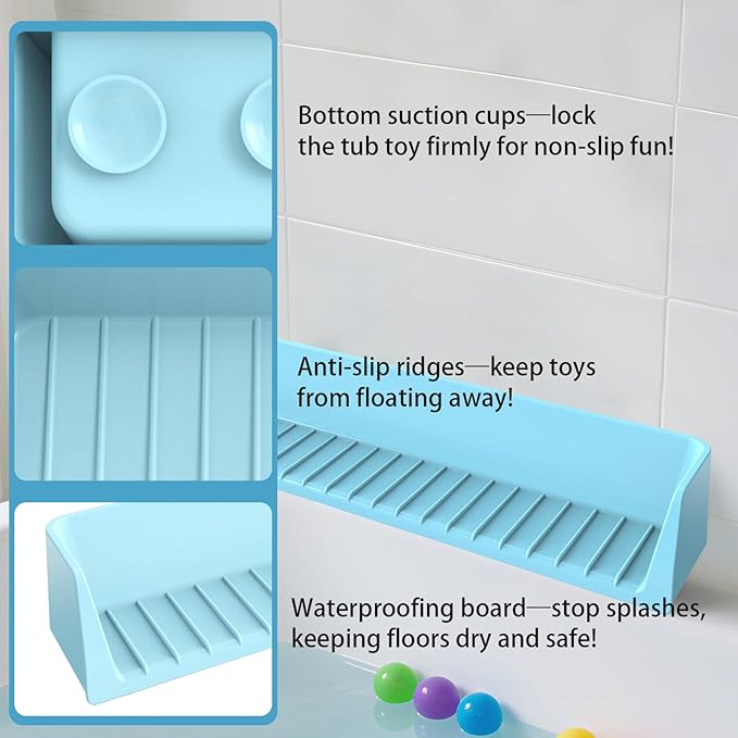 Bathtub Splash Guard PlayPad Shelf Area with Strong Suction Cups, Toy Tray Caddy Holder Storage Over Tub, Bathtub Ledge Guard, No Mess Water, Splash Protection Water Barrier for Bathroom-Blue