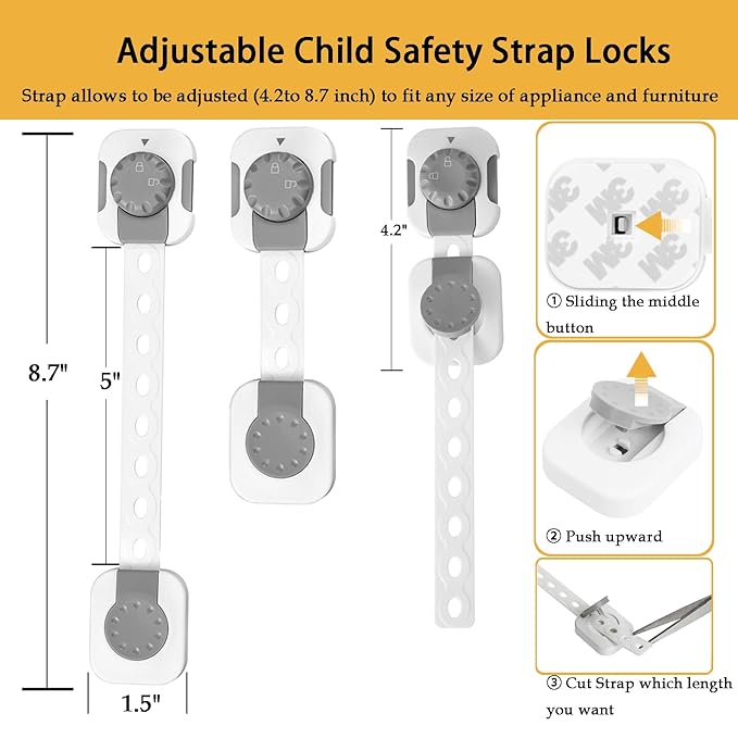 Fursafe&Q Child Safety Cabinet Proofing, Baby Cabinet Locks Adhesive Adjustable Child Safety Strap Locks Drawer Fridge Ovens Toilet Latches No Screws for Furniture Kitchen 12Pack