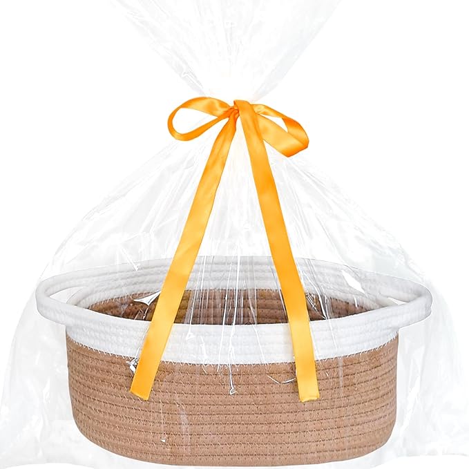 ABenkle Small Basket with Gift Bags and Ribbons, Empty Gift Baskets for Mother's Day, Decorative Boho Rope Woven Nursery Storage Organizer Toy Baskets with Handle for Baby Showers, 12"X 8" X 5"