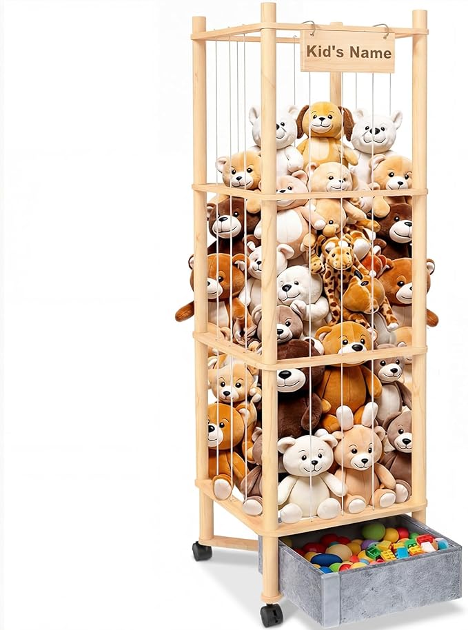 Stuffed Animal Storage with Toys Tray, 57In Large Wooden Stuffy Plushies Storage Holder Extra Large Capacity Stuffed Animals Zoo Organizer for Toddler Rooms, Playrooms & Bedrooms (Toys Tray & Wheels)
