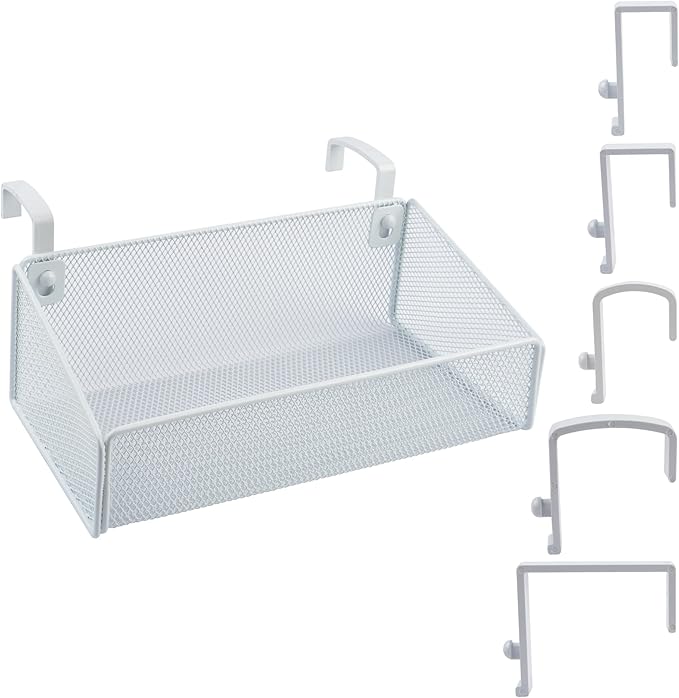 MATIMASU Bedside Shelf for Bed & Bunk Bed Storage Basket Office Cubical Wall Hanging Organizer - 5 Different Size Hooks - College Dorm Home Office Essentials for Phone,Book,Drink,Tissue (White)