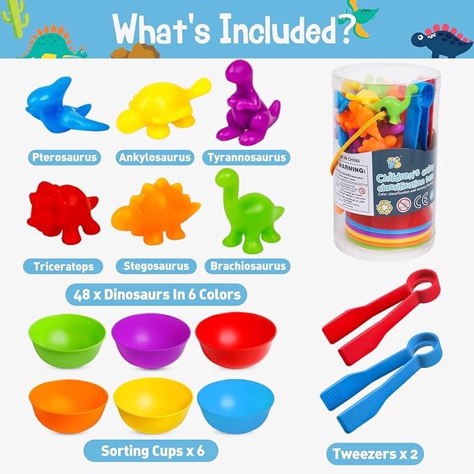 NAODONGLI Counting Dinosaurs Color Sorting Toys with Rainbow Bowls,Sensory Training & Counting Activity Montessori Education Learning Activities Easter Basket Stuffers Gifts for Boys Girls