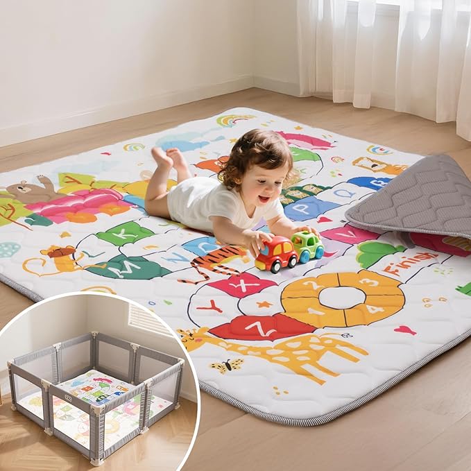 Duwenem Baby Play Mat for Floor,71x59 Inch Soft Padding Crawling Mat, Foldable and Machine Washable, Thick for Babies & Toddlers,Animal School